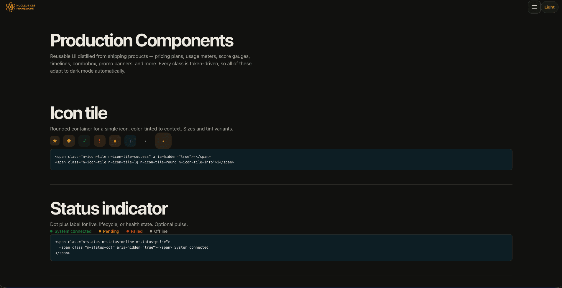 Nucleus CSS production components: icon tiles and status indicators, token-driven and dark-mode ready