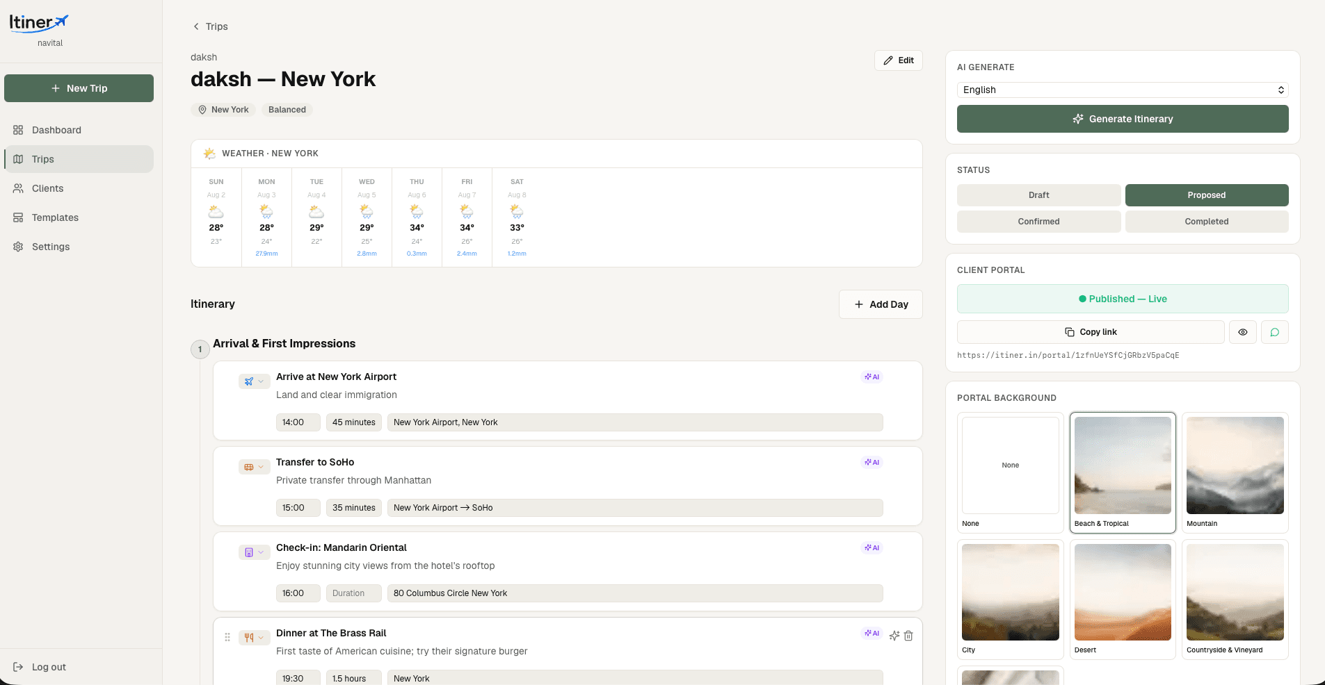 Itiner's trip editor showing an AI-generated day-by-day itinerary, weather, and portal status