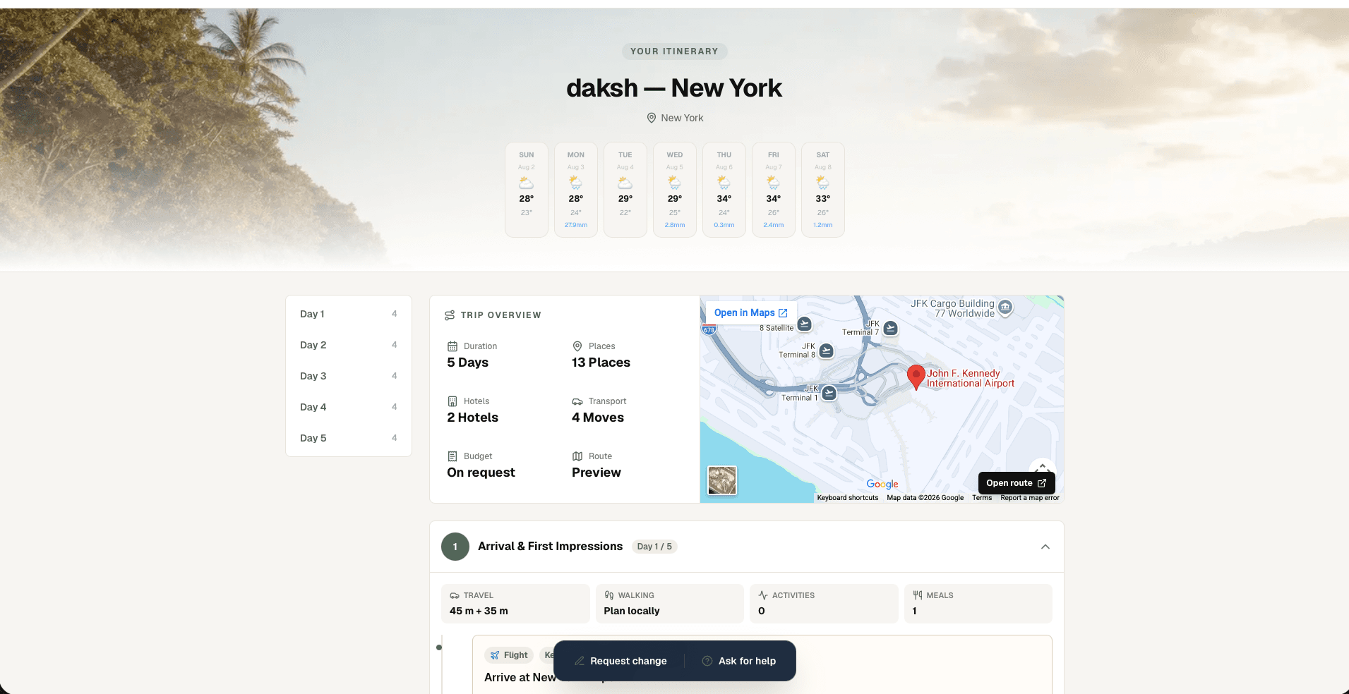 Itiner's public client-facing trip portal with a branded hero image and day-by-day plan