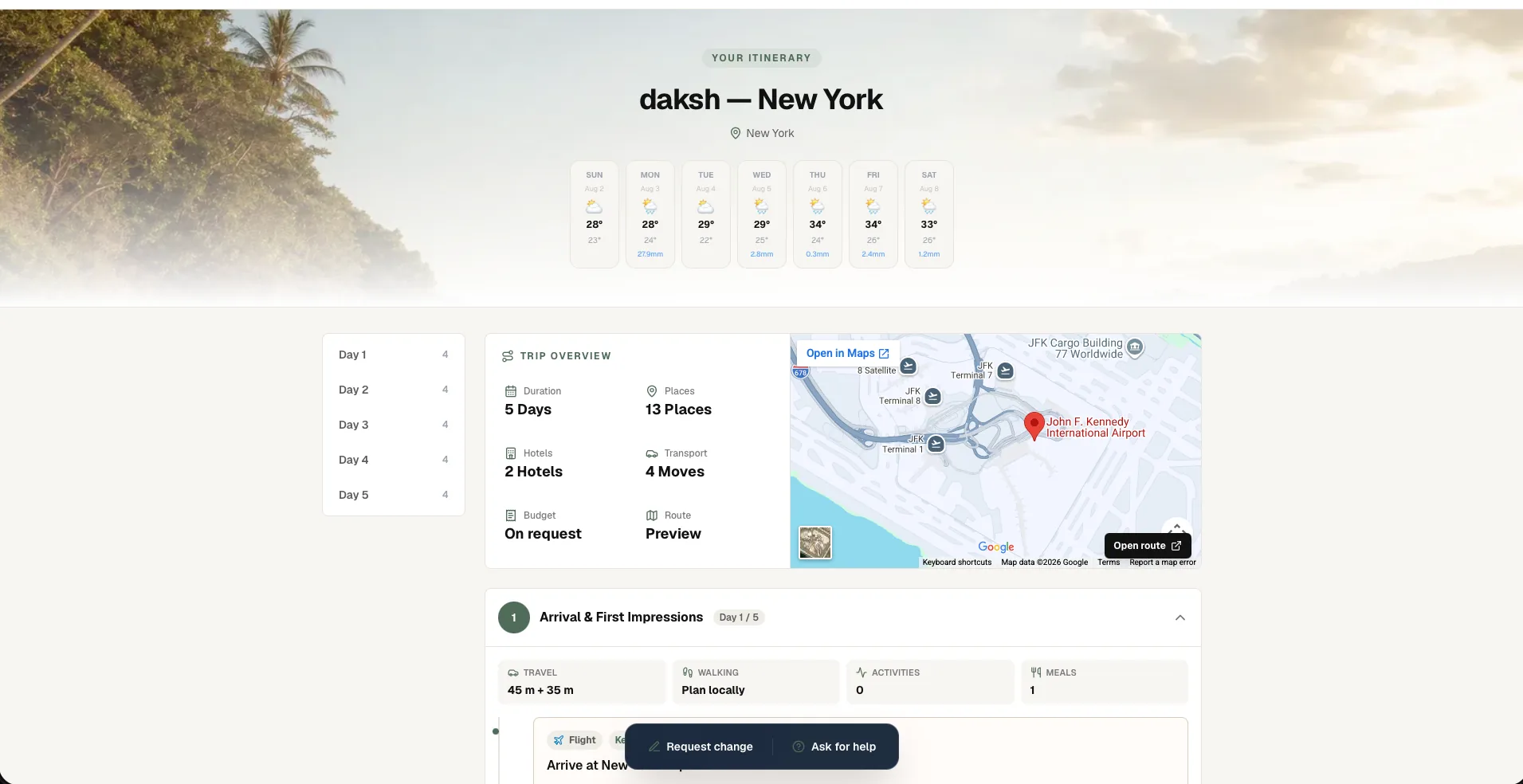 Itiner's public client-facing trip portal with a branded hero image and day-by-day plan