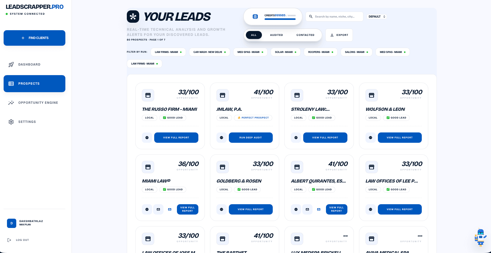 LeadScrapper Pro leads list with opportunity scores per business