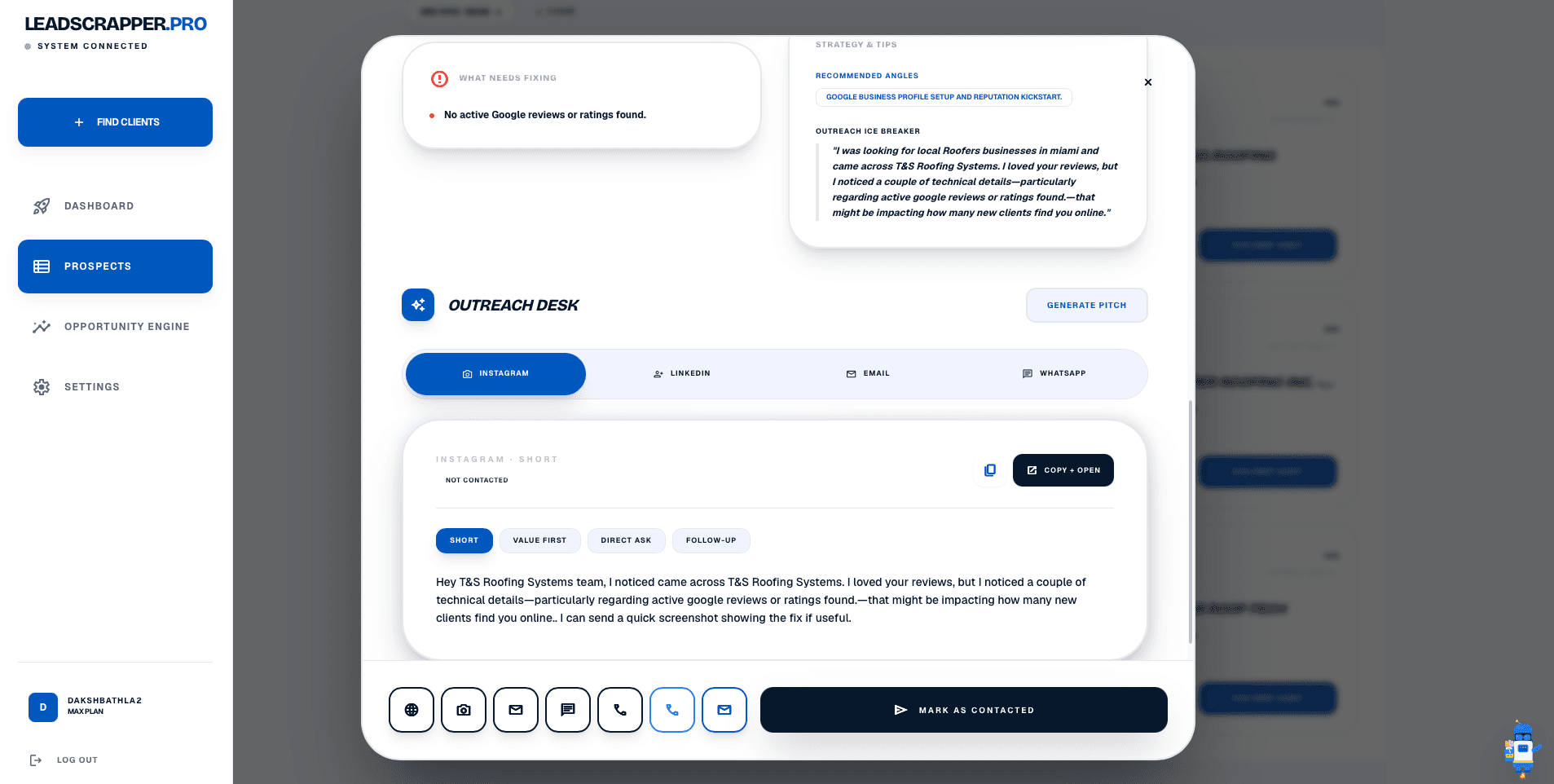 LeadScrapper Pro outreach desk showing an AI-generated pitch referencing a specific audit finding