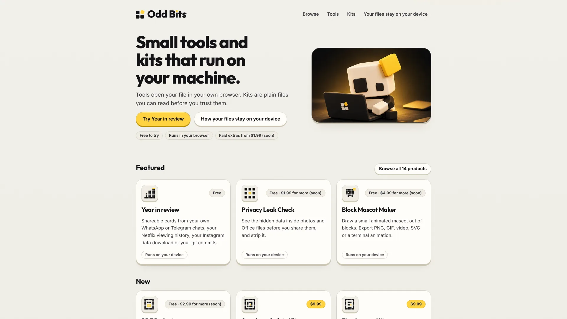 Odd Bits homepage: small tools and kits that run on your machine, with Year in review, Privacy Leak Check and Block Mascot Maker featured